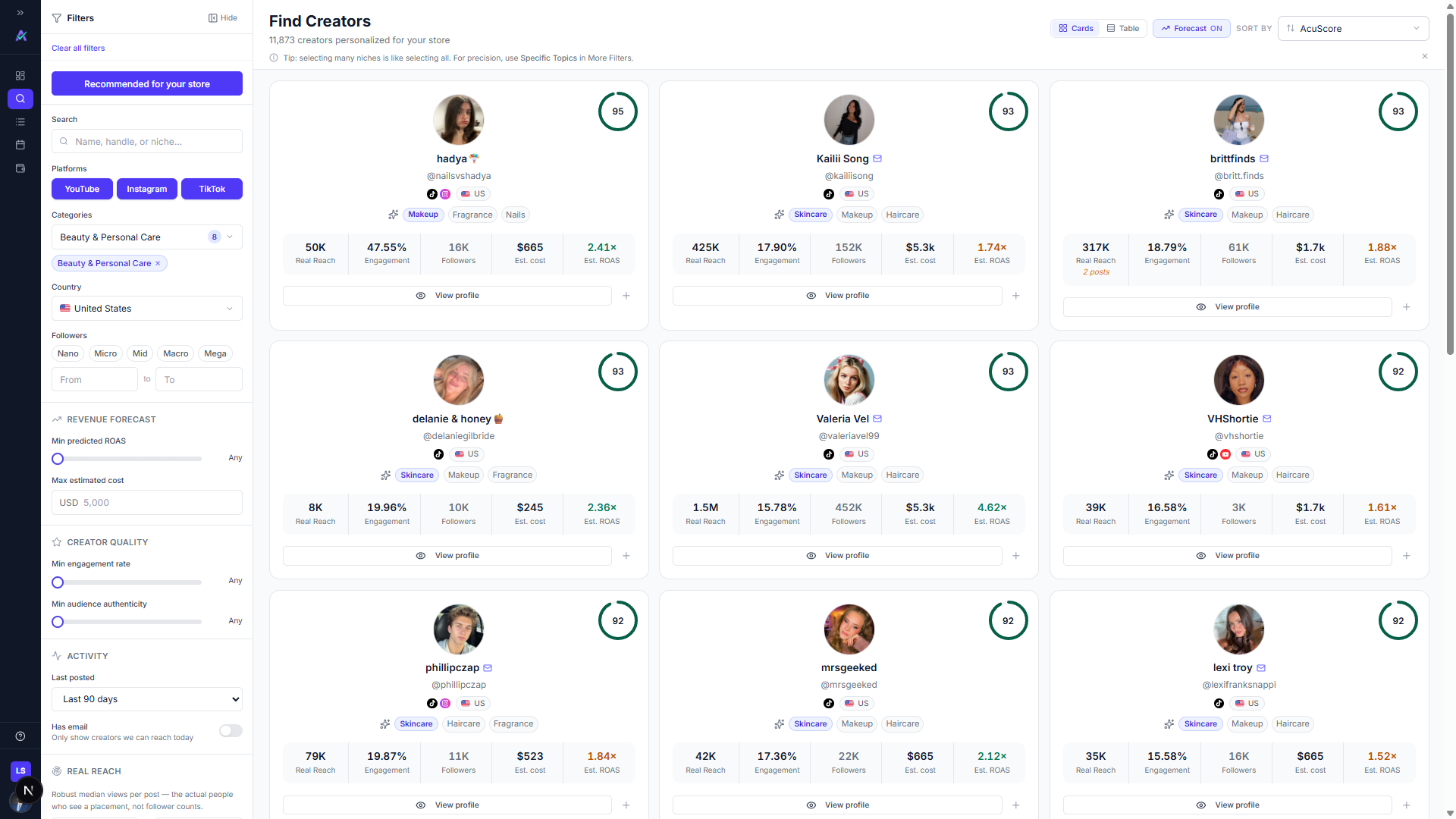 Discover — creators ranked by predicted profit